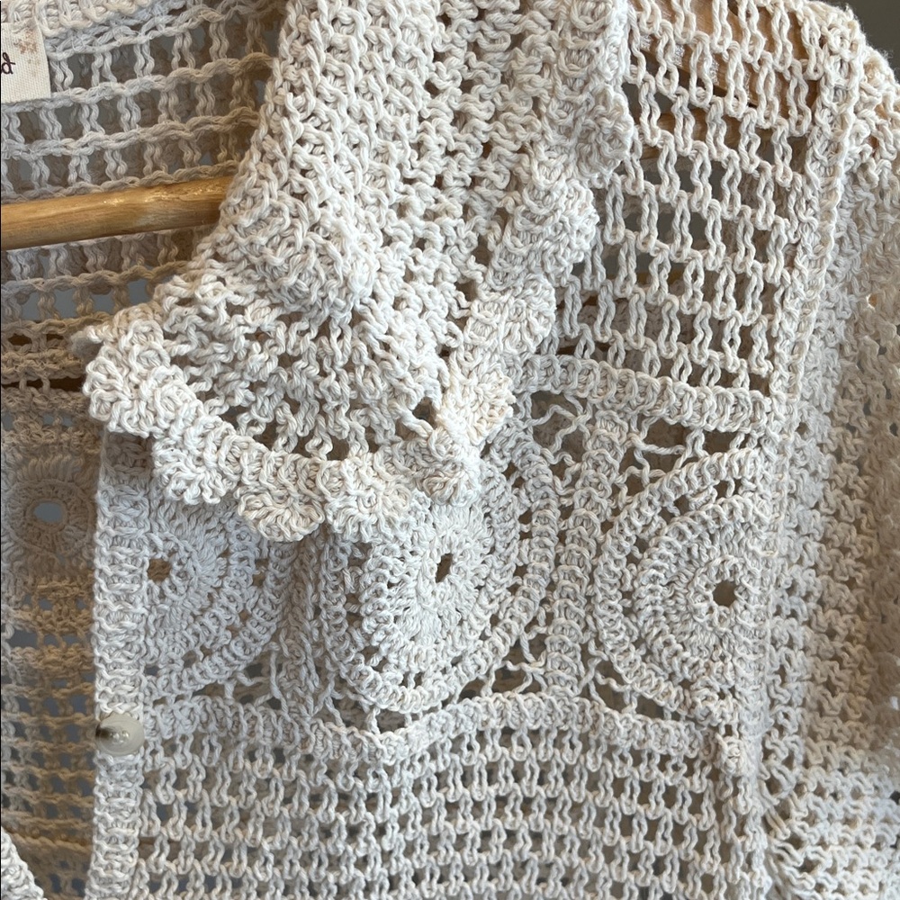 Hem & Thread Crocheted Button Front Top - Off Whi… - image 4